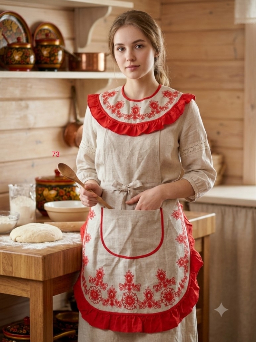 Vintage Russia 1960 Beige/Red Floral Embroidered Ruffled Bib Apron  Linen/Cotton